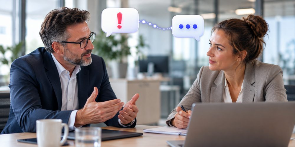 Eine Führungskraft und eine Mitarbeiterin im Gespräch am Besprechungstisch, darüber zwei Sprechblasen