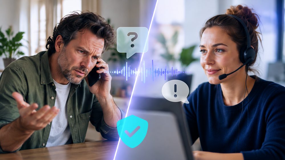 Ein Kunde am Telefon mit fragender Geste und eine Servicemitarbeiterin mit Headset, dazwischen Sprechblasen und eine Tonspur