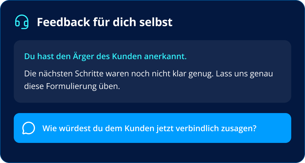Feedback nach der Übung: Der Coach nennt erst eine Stärke, dann ein Entwicklungsfeld und lässt die Formulierung gleich noch einmal üben