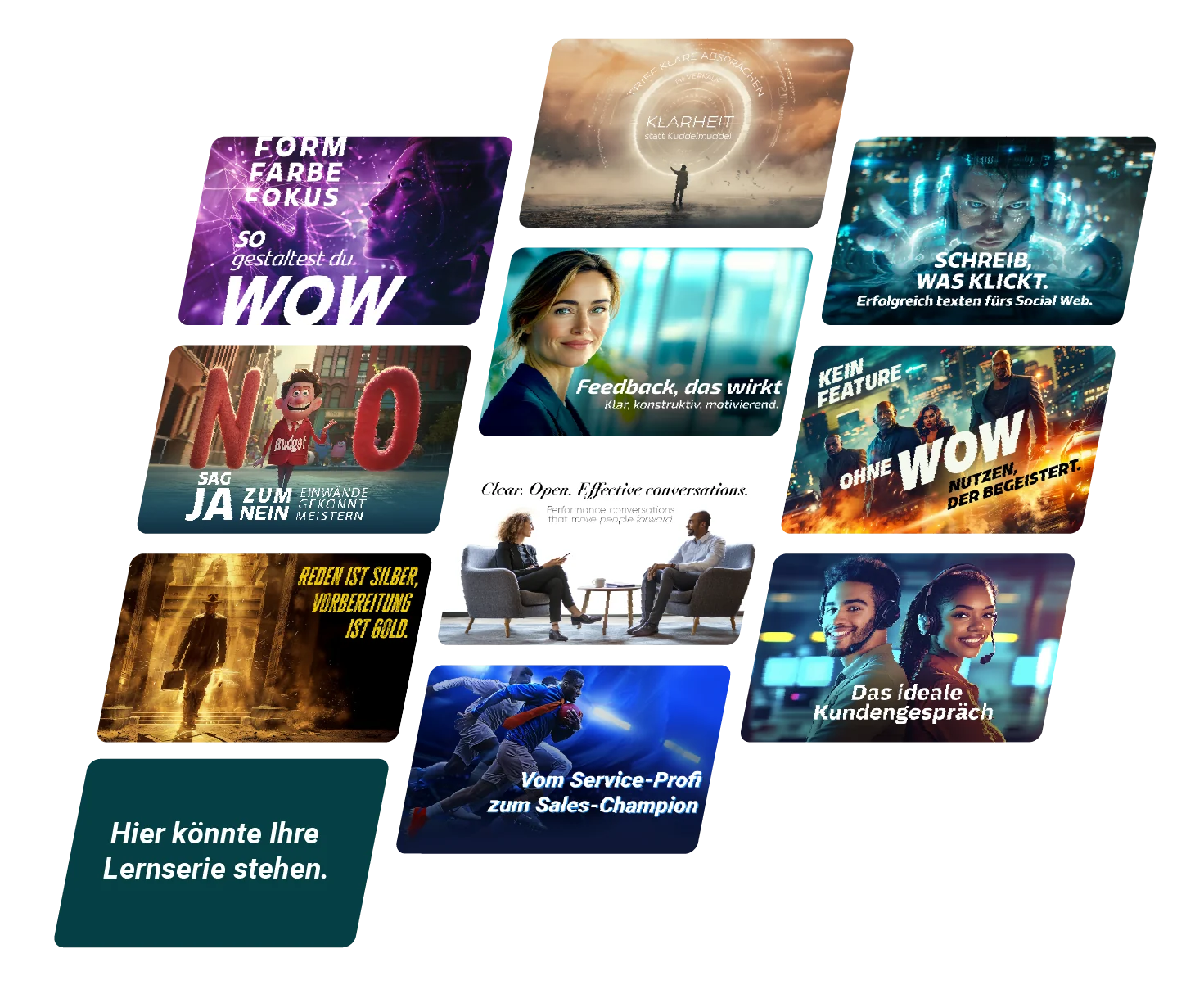 Kachelwand mit Lernserien der InfinityBox, eine Kachel mit der Aufschrift „Hier könnte Ihre Lernserie stehen.“