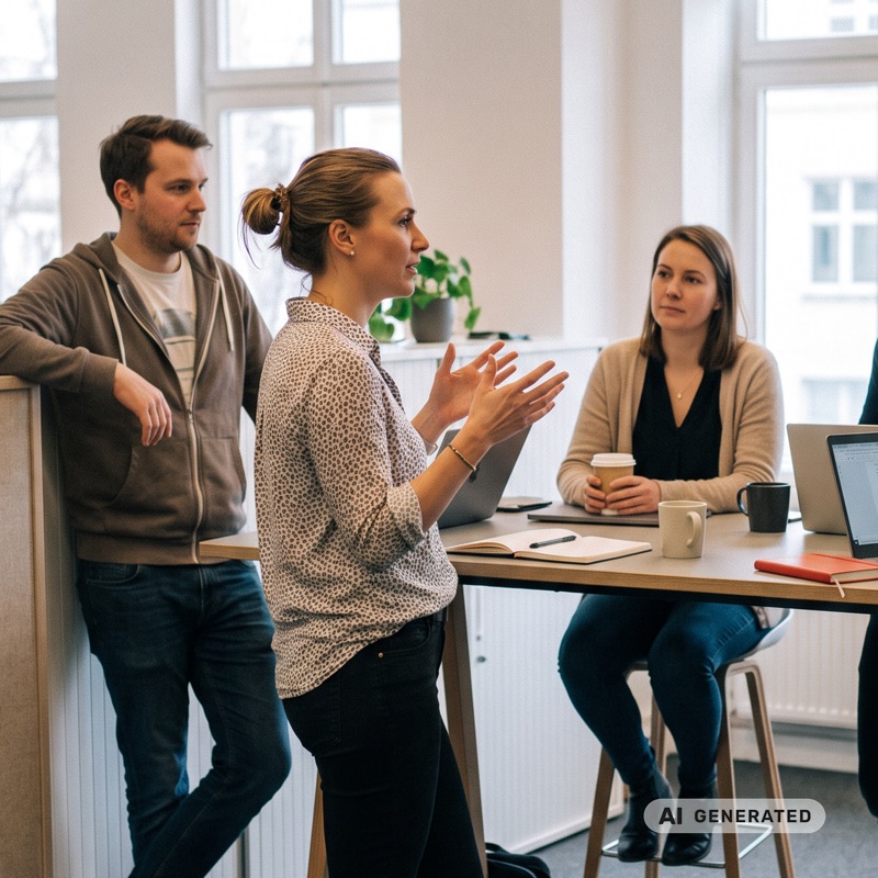 Führungskraft im Gespräch mit zwei Mitarbeitenden am Besprechungstisch