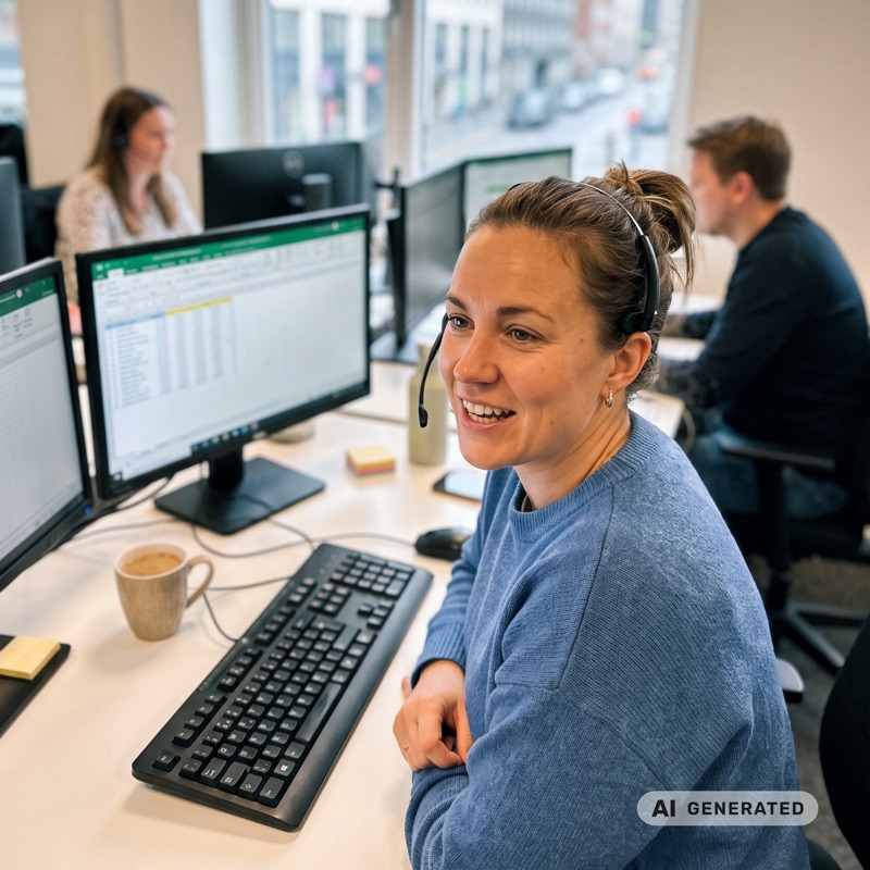 Mitarbeiterin im Kundenservice mit Headset am Bildschirm