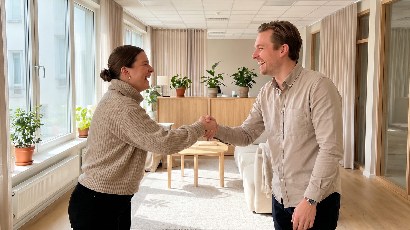 Eine Teamleiterin und ein Mitarbeiter geben sich im Büro lachend die Hand