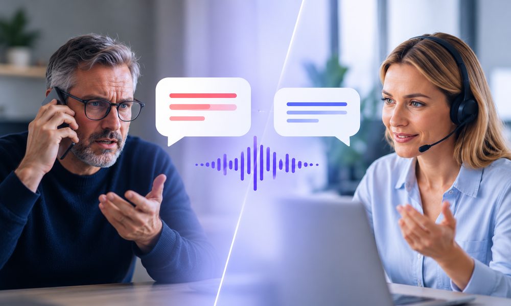 Ein skeptischer Kunde am Telefon und eine Mitarbeiterin mit Headset, dazwischen Sprechblasen und eine Tonspur